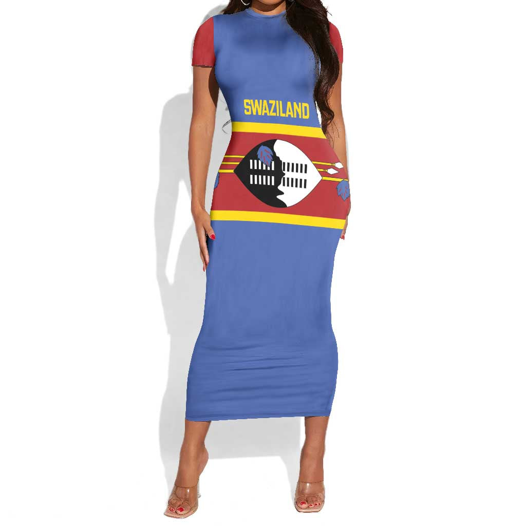 Afro Swaziland Short Sleeve Bodycon Dress Siyinqaba Eswatini Flag Style - African Pride