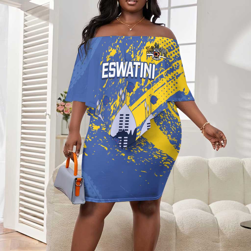 Eswatini Football Custom Off Shoulder Short Dress Sihlangu Semnikati Blue - African Pride