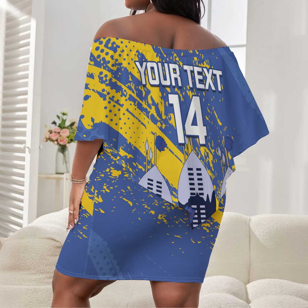 Eswatini Football Custom Off Shoulder Short Dress Sihlangu Semnikati Blue - African Pride