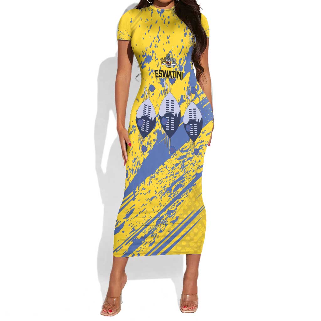 Eswatini Football Custom Short Sleeve Bodycon Dress Sihlangu Semnikati Yellow - African Pride