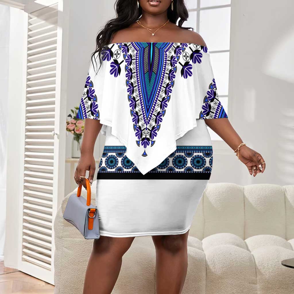 Africa Off Shoulder Short Dress African Dashiki Royal Blue Version by AfricanPride Africa Off Shoulder Short Dress African Dashiki Royal Blue Version by AfricanPride