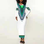 Africa Long Sleeve Bodycon Dress African Dashiki Royal Turquoise Version LT14
