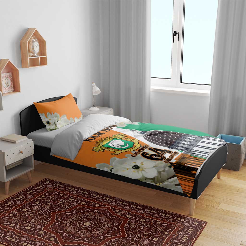 Personalized Ivory Coast Independence Day Bedding Set Ornithogalum Arabicum Happy 64 Years Anniversary