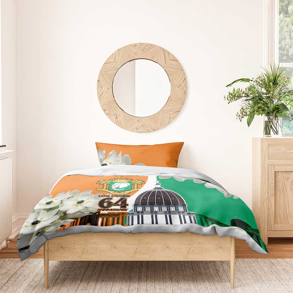 Personalized Ivory Coast Independence Day Bedding Set Ornithogalum Arabicum Happy 64 Years Anniversary