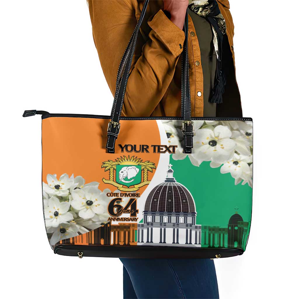 Personalized Ivory Coast Independence Day Leather Tote Bag Ornithogalum Arabicum Happy 64 Years Anniversary