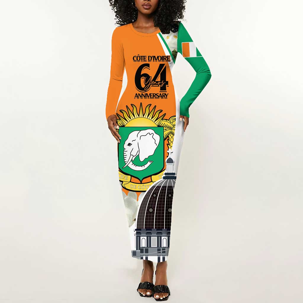 Personalized Ivory Coast Independence Day Long Sleeve Bodycon Dress Ornithogalum Arabicum Happy 64 Years Anniversary LT14