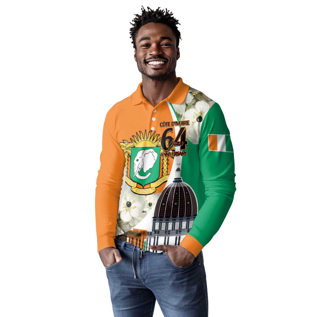 Personalized Ivory Coast Independence Day Long Sleeve Polo Shirt Ornithogalum Arabicum Happy 64 Years Anniversary