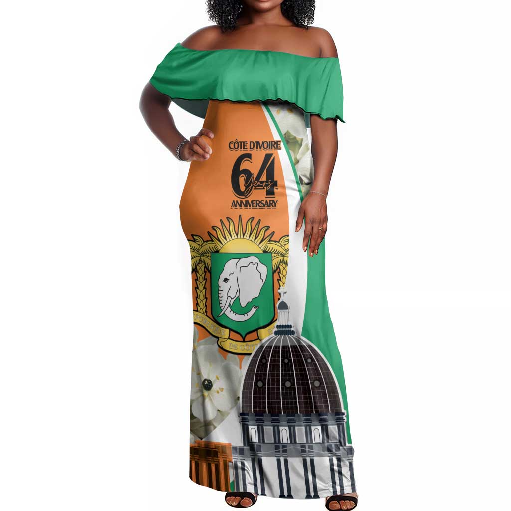 Personalized Ivory Coast Independence Day Off Shoulder Maxi Dress Ornithogalum Arabicum Happy 64 Years Anniversary