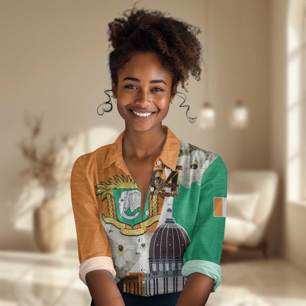 Personalized Ivory Coast Independence Day Women Casual Shirt Ornithogalum Arabicum Happy 64 Years Anniversary LT14