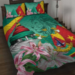 Monument de la Reunification Cameroun Quilt Bed Set Coat Of Arms With Lily Flowers