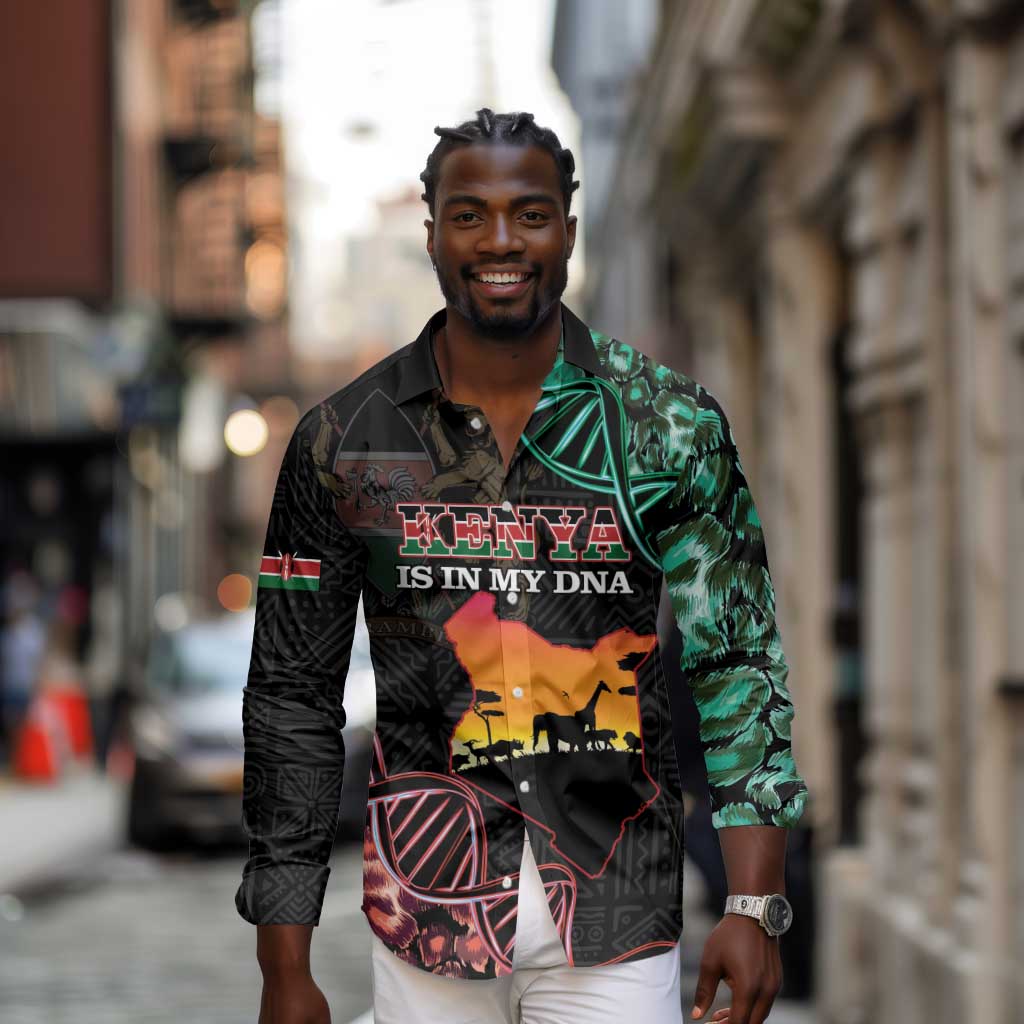 Afro Kenya Long Sleeve Button Shirt Kenyan Is In My DNA - Jamhuri Day