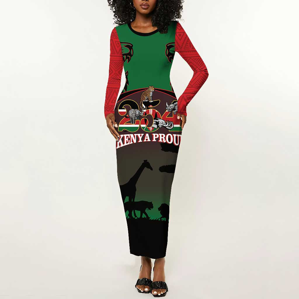 Proud Kenya 254 Long Sleeve Bodycon Dress Safari Animals - African Pattern LT14