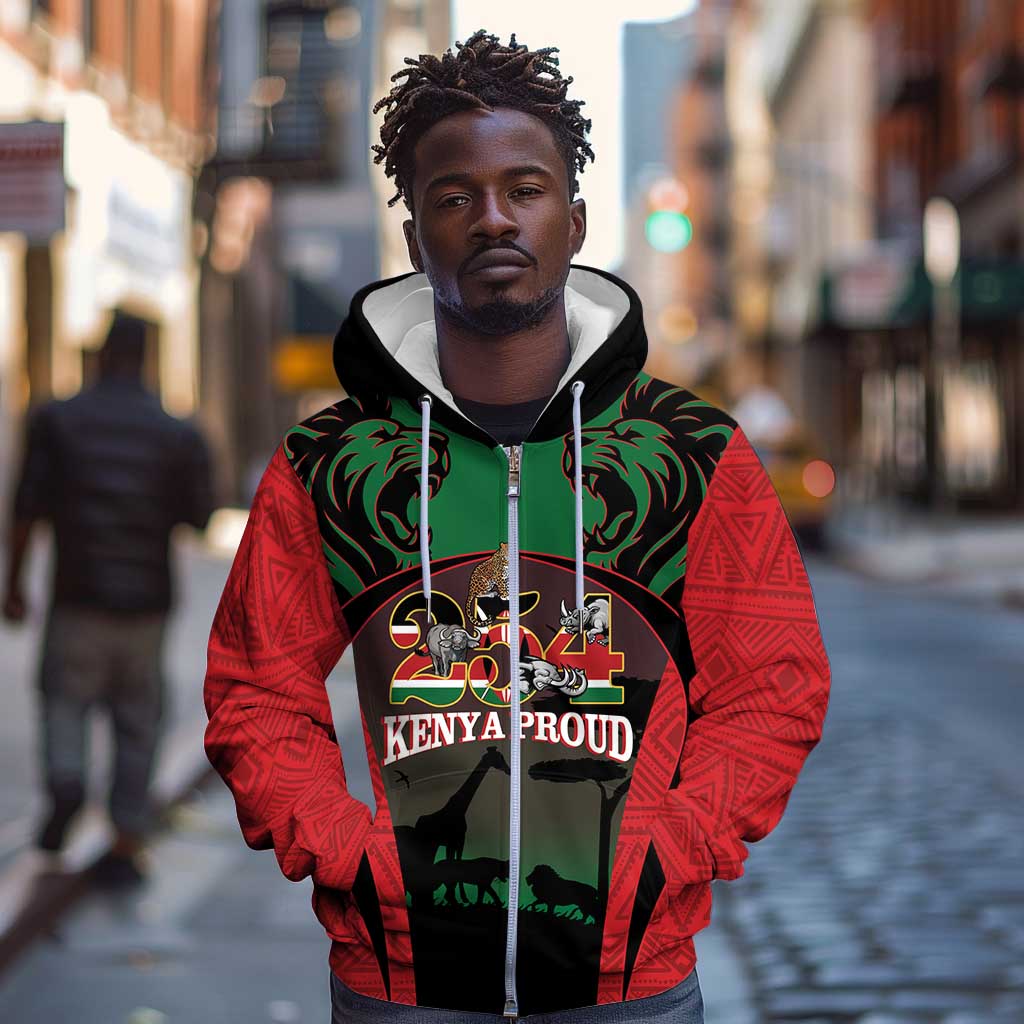 Proud Kenya 254 Zip Hoodie Safari Animals - African Pattern