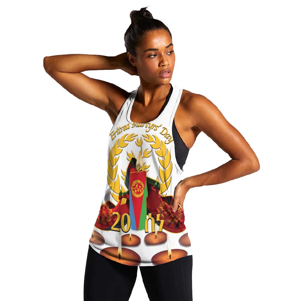 Custom Eritrea Martyrs' Day Women Racerback Tank 20 June Shida Shoes With Candles - White