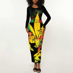 Afro Jamaica Legend Bob Long Sleeve Bodycon Dress Lion With Cannabis Leaf Pattern LT14