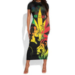 Afro Jamaica Legend Bob Short Sleeve Bodycon Dress Lion With Cannabis Leaf Pattern LT14