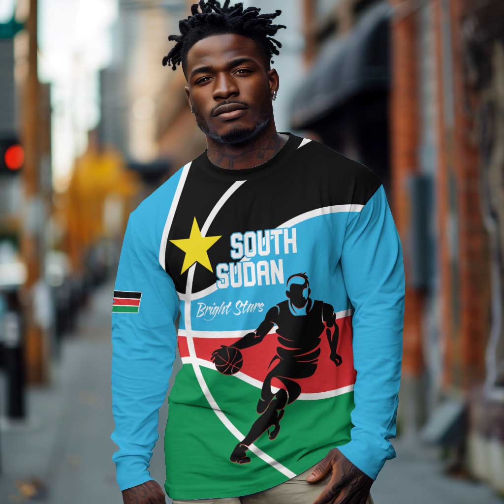 Afro Basketball Custom South Sudan Long Sleeve Shirt Come On Bright Stars - African Pride