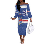 Afro Basketball Custom Cape Verde Off The Shoulder Long Sleeve Dress Come On Blue Sharks - African Pride