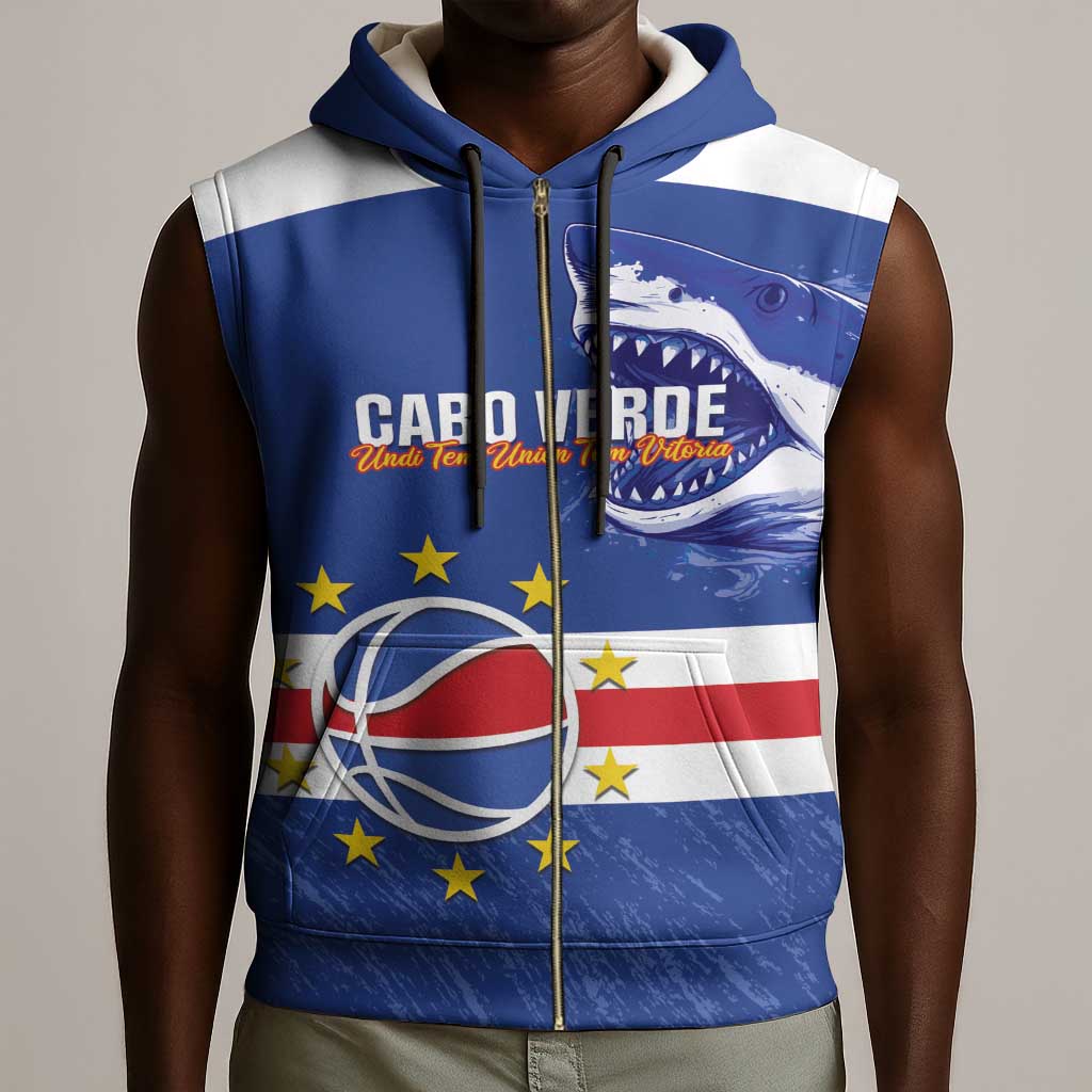 Afro Basketball Custom Cape Verde Sleeveless Zip Hoodie Come On Blue Sharks - African Pride
