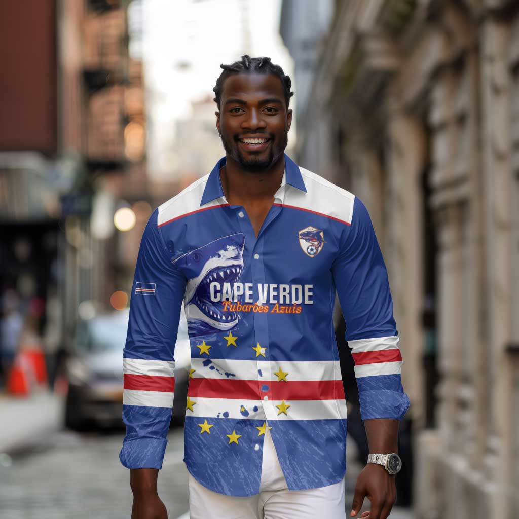 Cape Verde Football Custom Long Sleeve Button Shirt Come On Tubaroes Azuis Shark - African Pride