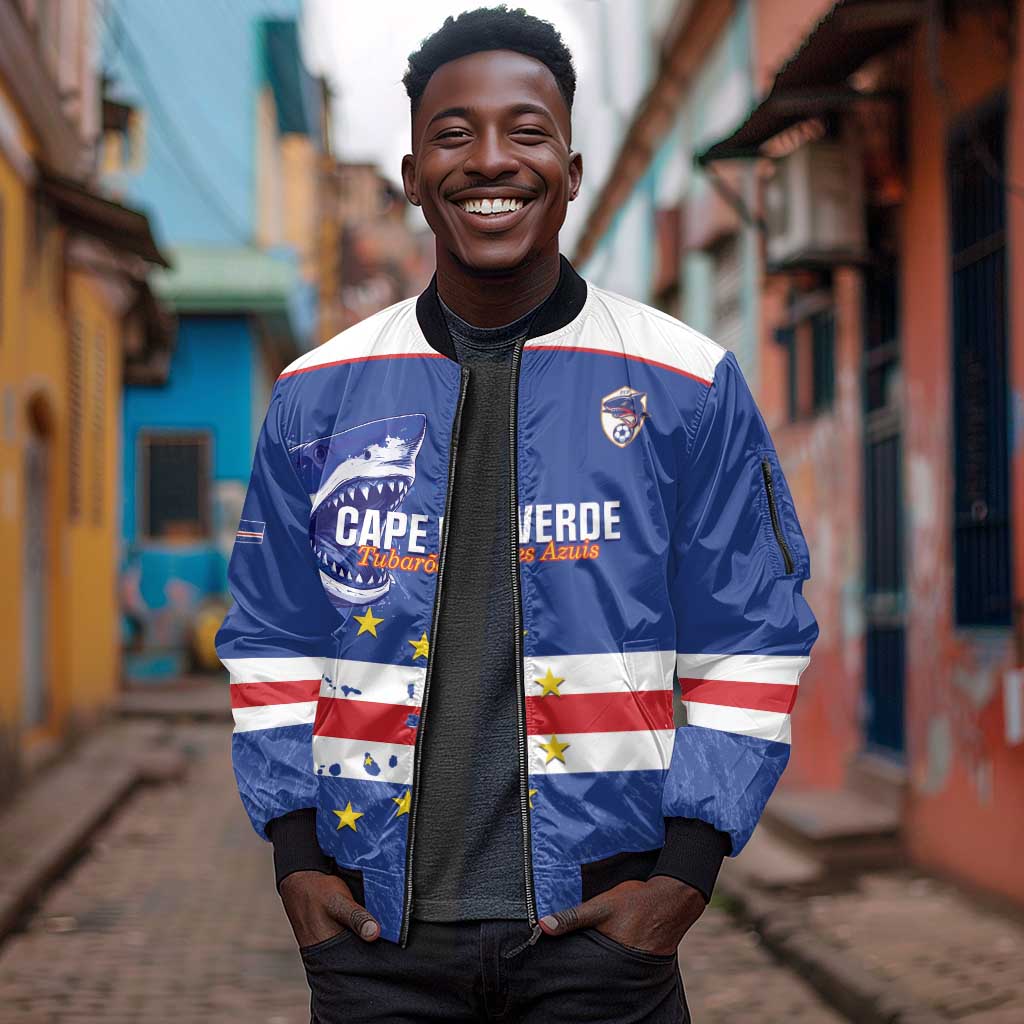 Cape Verde Football Custom Sleeve Zip Bomber Jacket Come On Tubaroes Azuis Shark - African Pride