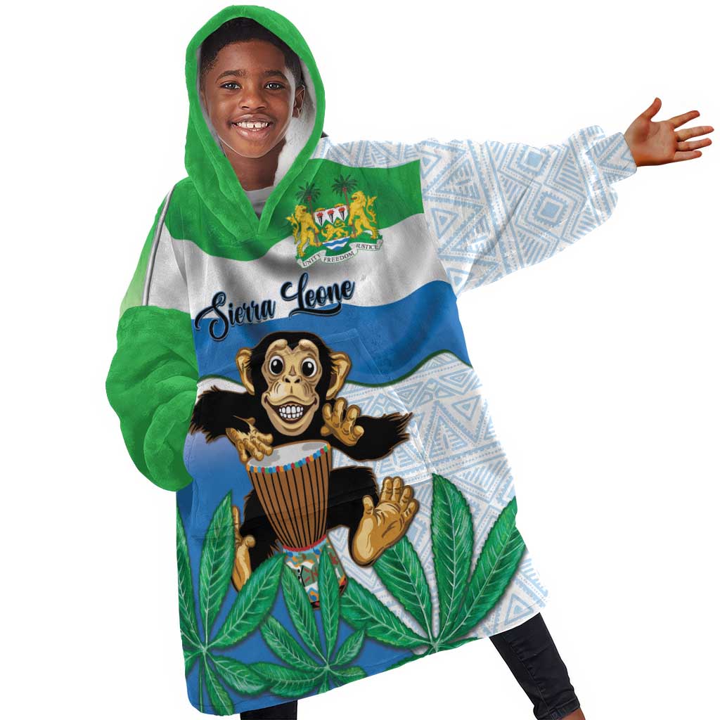 Personalised Afro Sierra Leone Kid Wearable Blanket Hoodie Chimp With Drum - Happy Independence Day