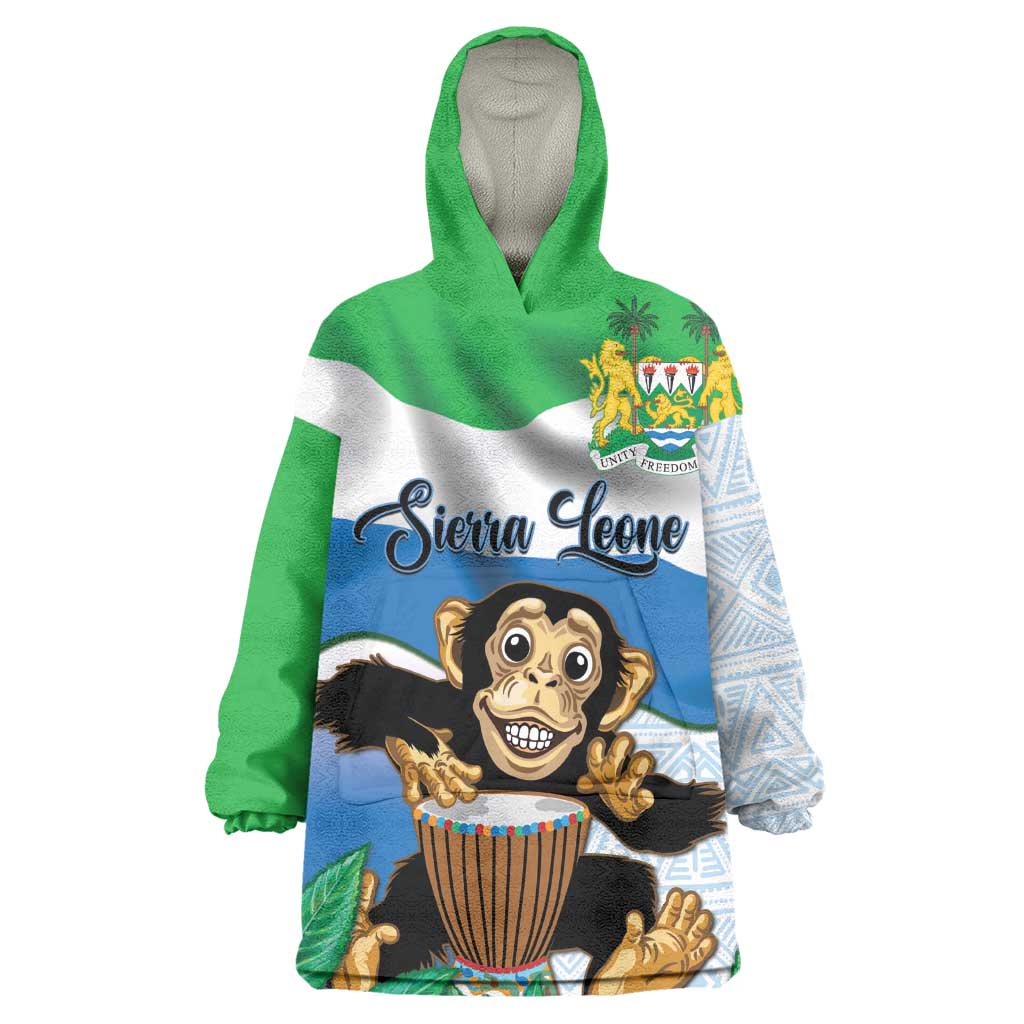 Personalised Afro Sierra Leone Kid Wearable Blanket Hoodie Chimp With Drum - Happy Independence Day