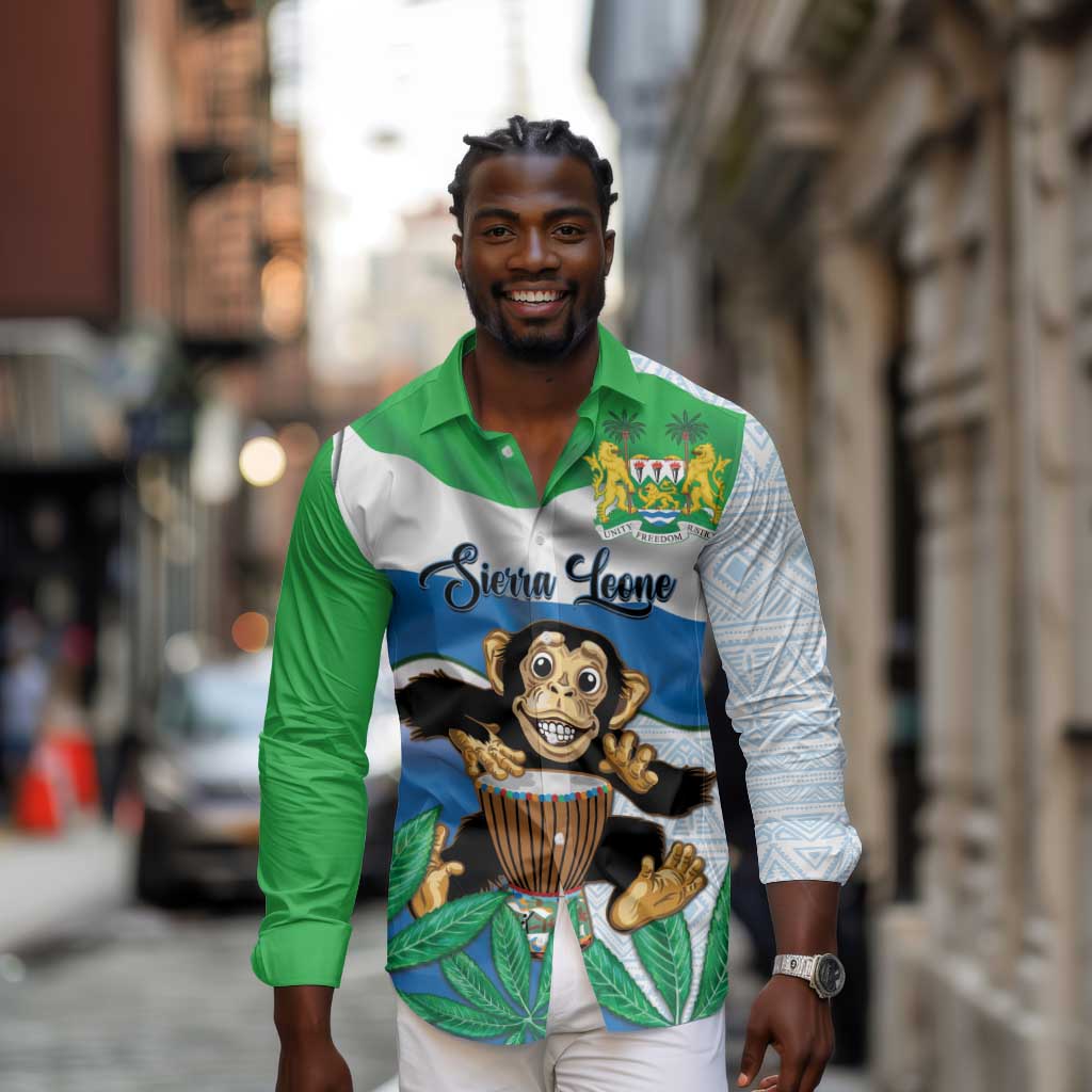 Personalised Afro Sierra Leone Long Sleeve Button Shirt Chimp With Drum - Happy Independence Day