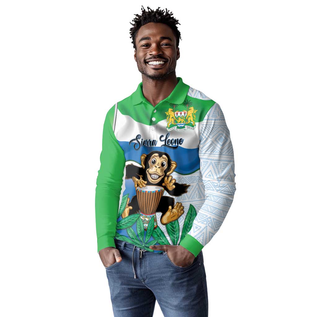Personalised Afro Sierra Leone Long Sleeve Polo Shirt Chimp With Drum - Happy Independence Day