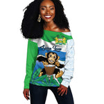 Personalised Afro Sierra Leone Off Shoulder Sweater Chimp With Drum - Happy Independence Day
