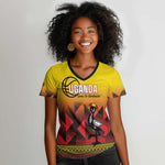 Afro Basketball Custom Uganda Women V-Neck T-Shirt Come On Silverbacks African Pattern - African Pride