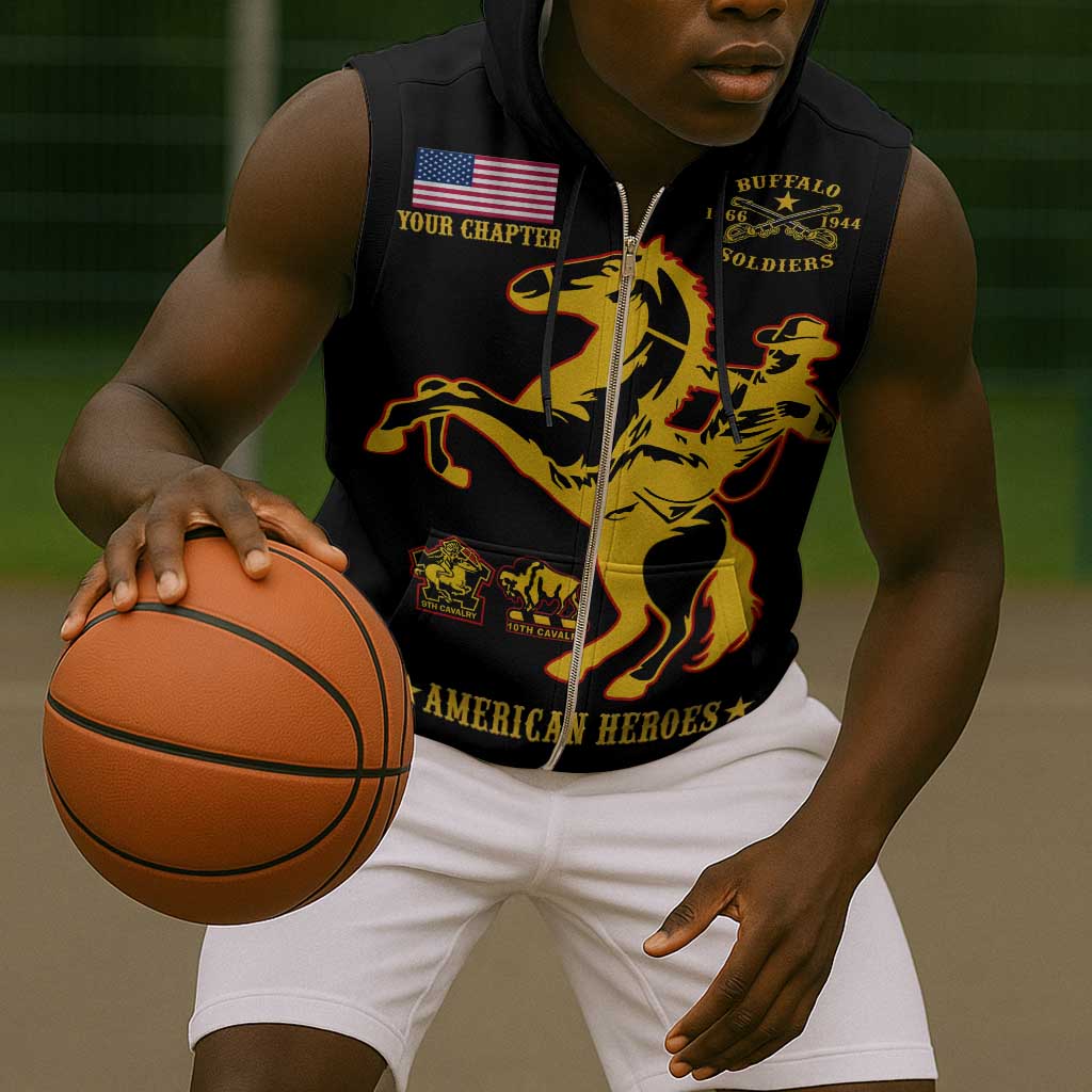 Personalized Afro Buffalo Soldiers Sleeveless Zip Hoodie BSMC United States Army Black - African Pride