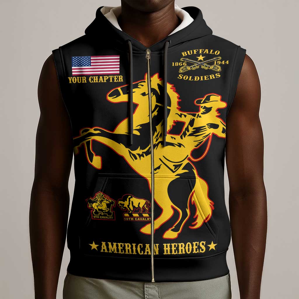 Personalized Afro Buffalo Soldiers Sleeveless Zip Hoodie BSMC United States Army Black - African Pride