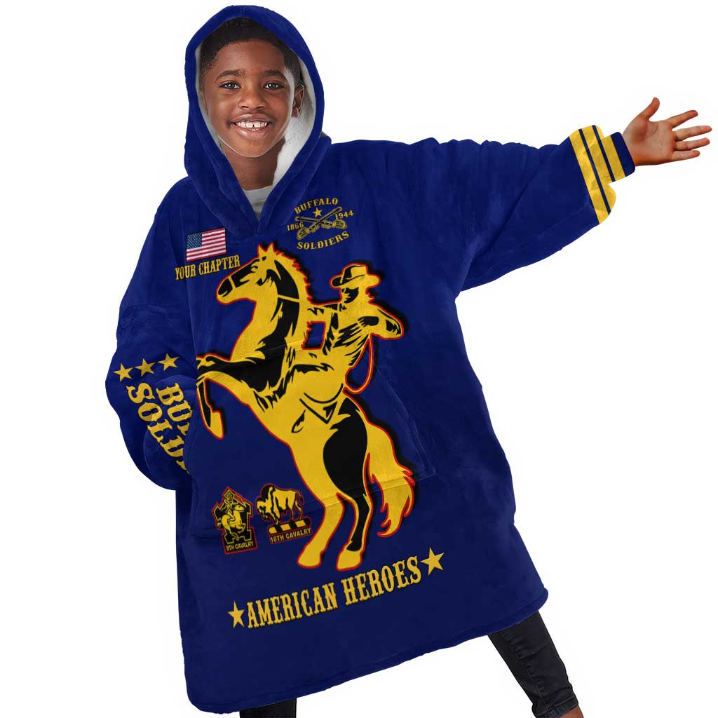 Personalized Afro Buffalo Soldiers KId Wearable Blanket Hoodie BSMC United States Army Blue
