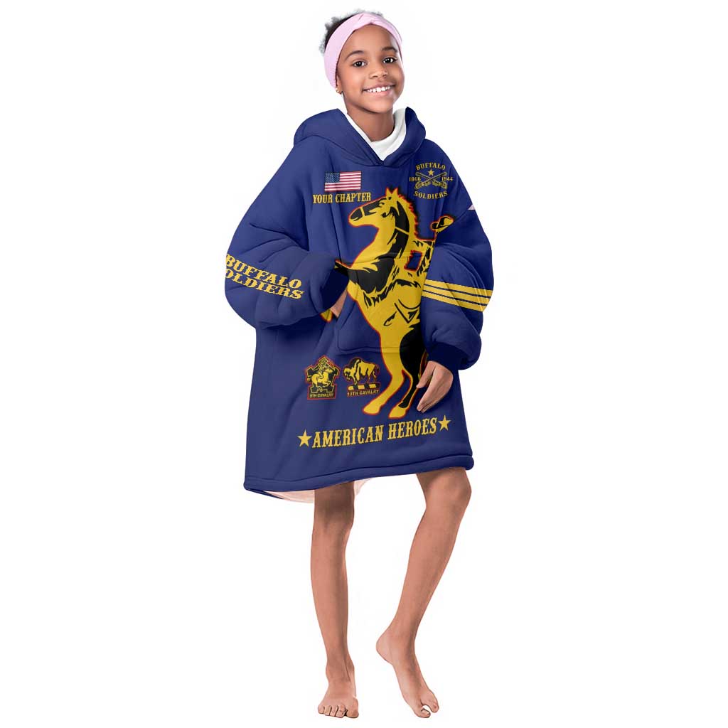 Personalized Afro Buffalo Soldiers KId Wearable Blanket Hoodie BSMC United States Army Blue