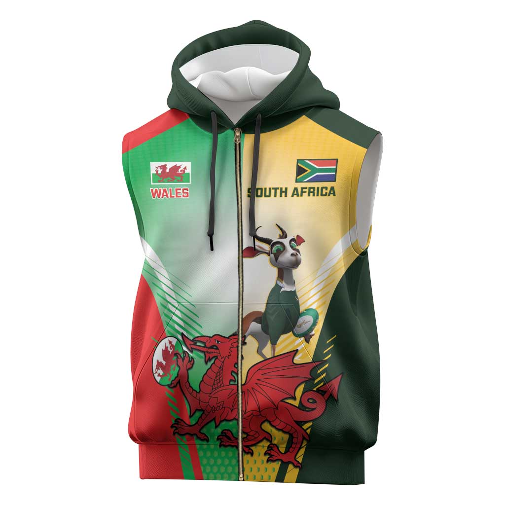 Custom South Africa And Wales Rugby Sleeveless Zip Hoodie Springboks Welsh Mascots Dynamic Version - African Pride