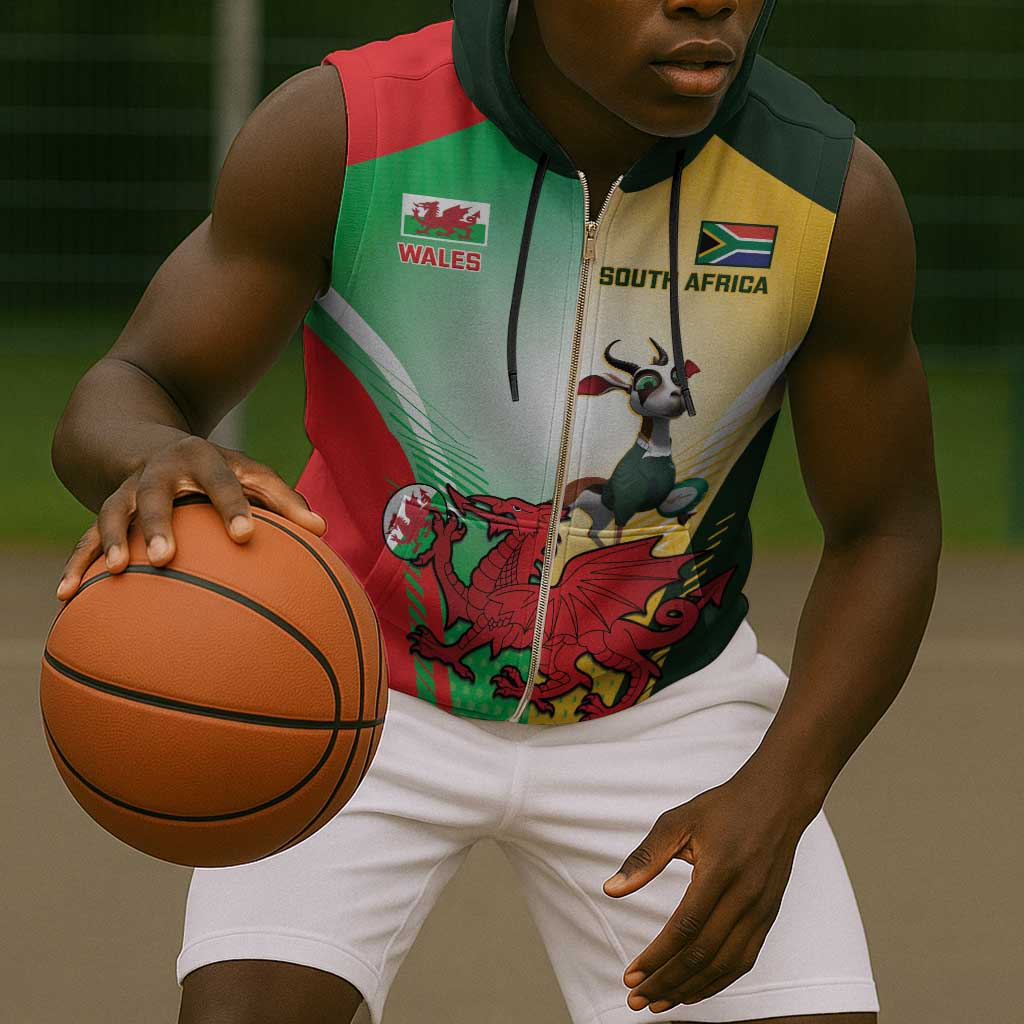 Custom South Africa And Wales Rugby Sleeveless Zip Hoodie Springboks Welsh Mascots Dynamic Version - African Pride