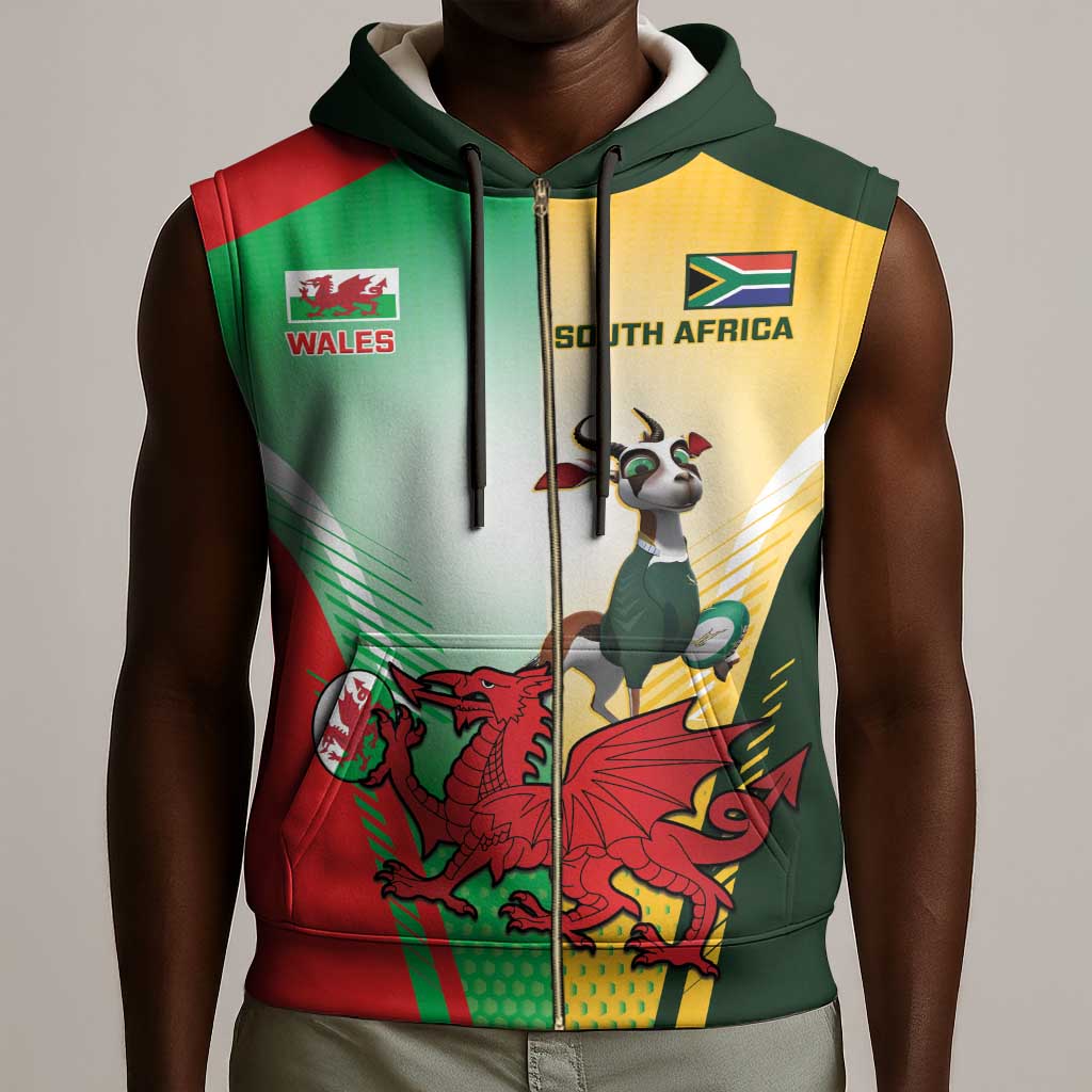 Custom South Africa And Wales Rugby Sleeveless Zip Hoodie Springboks Welsh Mascots Dynamic Version - African Pride