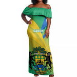 Presonalised Gabon Off Shoulder Maxi Dress Coat Of Arms With Flag Gradient Style