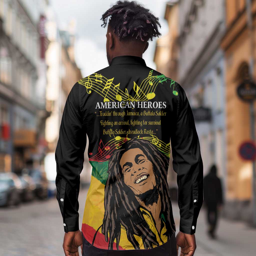 Afro Legend Bob Buffalo Soldier Long Sleeve Button Shirt American Heroes Reggae Style