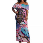 Kenya Lilac-Breasted Roller Off Shoulder Maxi Dress Coat Of Arms Mix Orchid