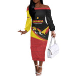 Afro Cricket Uganda Custom Off The Shoulder Long Sleeve Dress Go Cranes African Pattern - African Pride