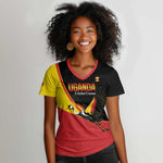 Afro Cricket Uganda Custom Women V-Neck T-Shirt Go Cranes African Pattern - African Pride