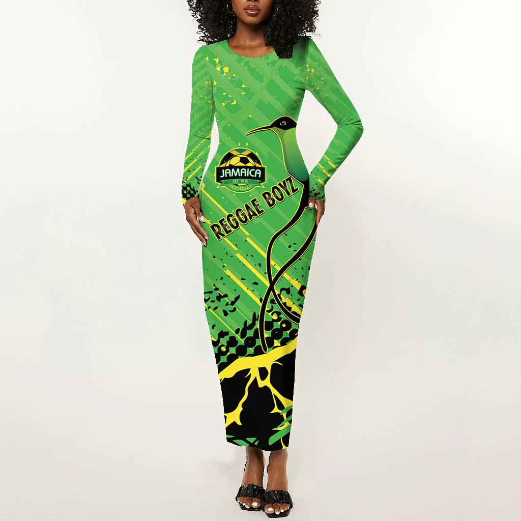 Custom Jamaica Football Long Sleeve Bodycon Dress Come On Reggae Boyz Red-billed streamertail - African Pride