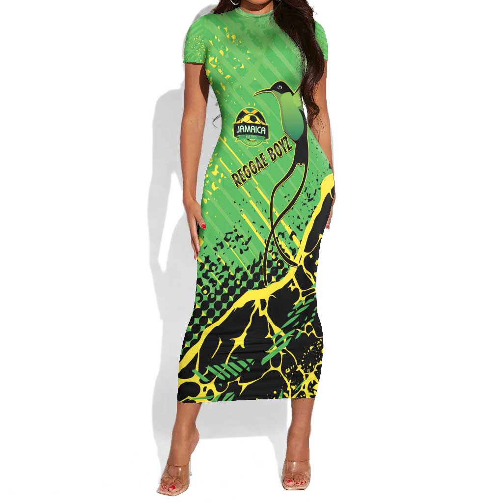 Custom Jamaica Football Short Sleeve Bodycon Dress Come On Reggae Boyz Red-billed streamertail - African Pride