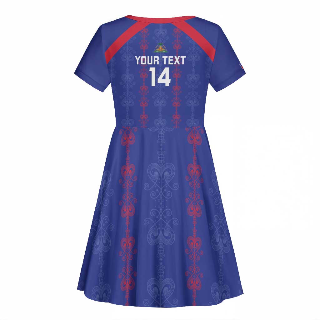 Custom Haiti Football Kid Short Sleeve Dress Les Grenadiers Veve Vodou Blue - African Pride