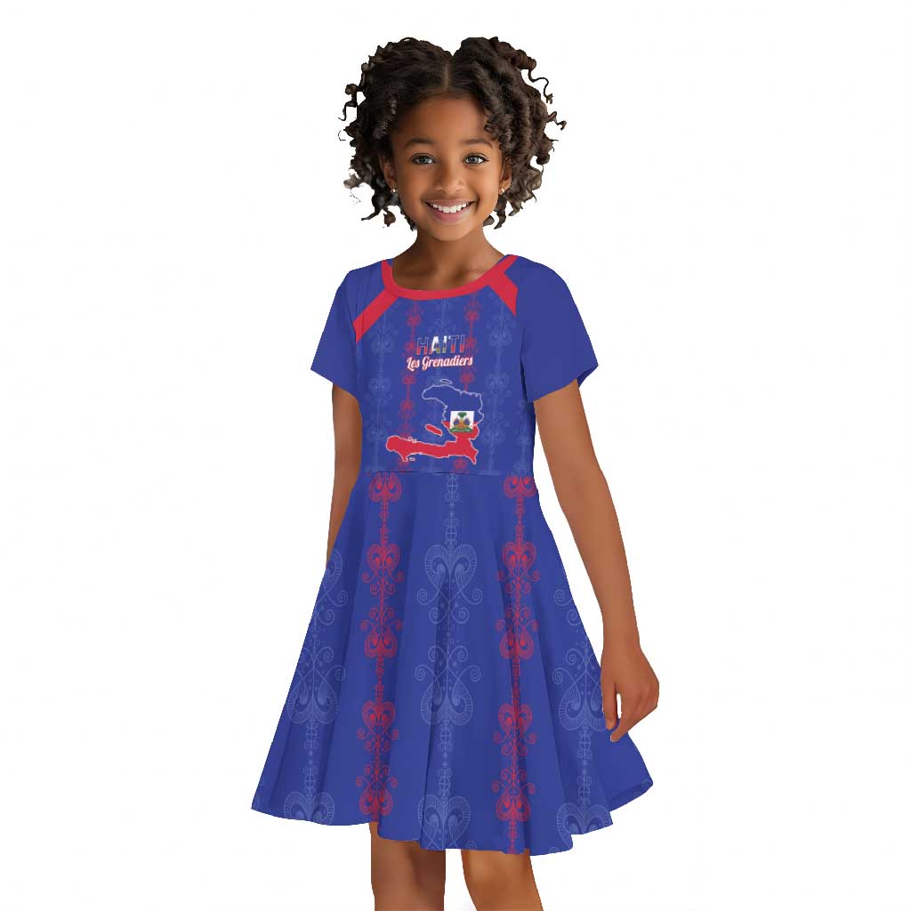Custom Haiti Football Kid Short Sleeve Dress Les Grenadiers Veve Vodou Blue - African Pride