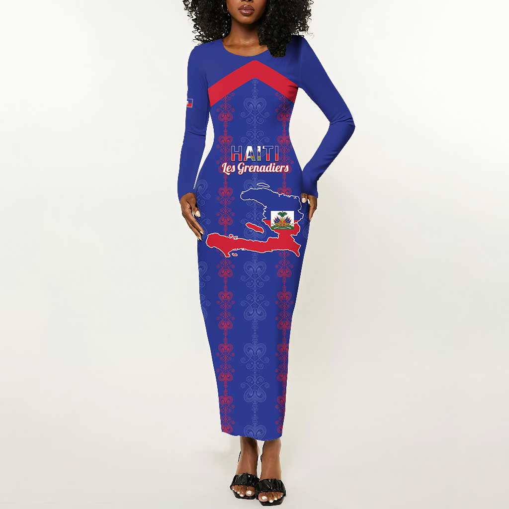 Custom Haiti Football Long Sleeve Bodycon Dress Les Grenadiers Veve Vodou Blue - African Pride