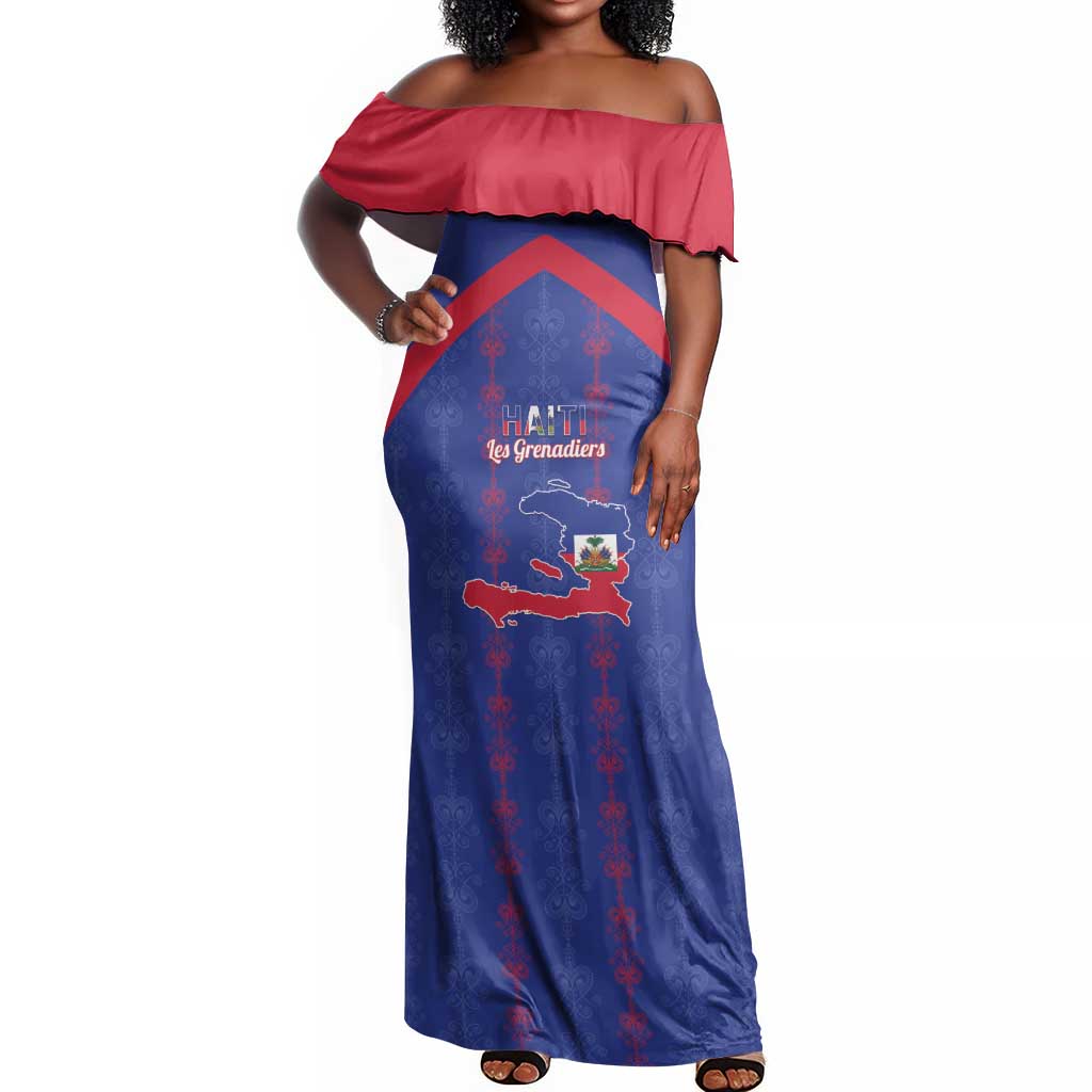 Custom Haiti Football Off Shoulder Maxi Dress Les Grenadiers Veve Vodou Blue - African Pride