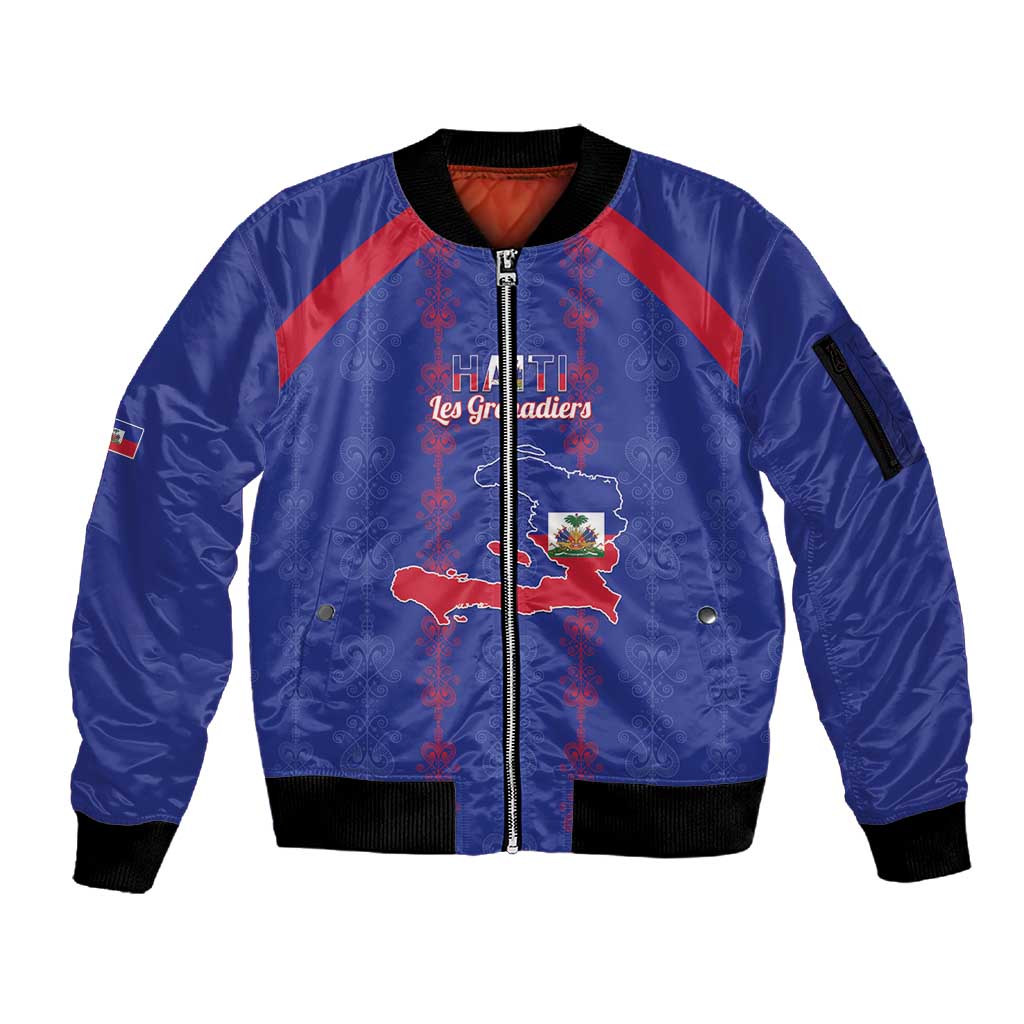 Custom Haiti Football Sleeve Zip Bomber Jacket Les Grenadiers Veve Vodou Blue - African Pride